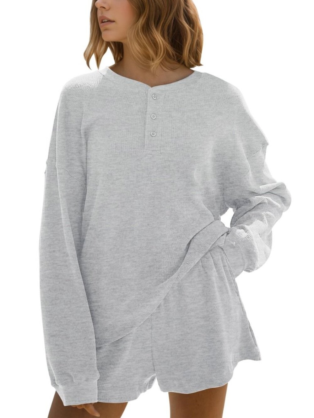 Waffle Knit Lounge Set Women Fall 2 Piece Matching Short Sets Cozy Long Sleeve